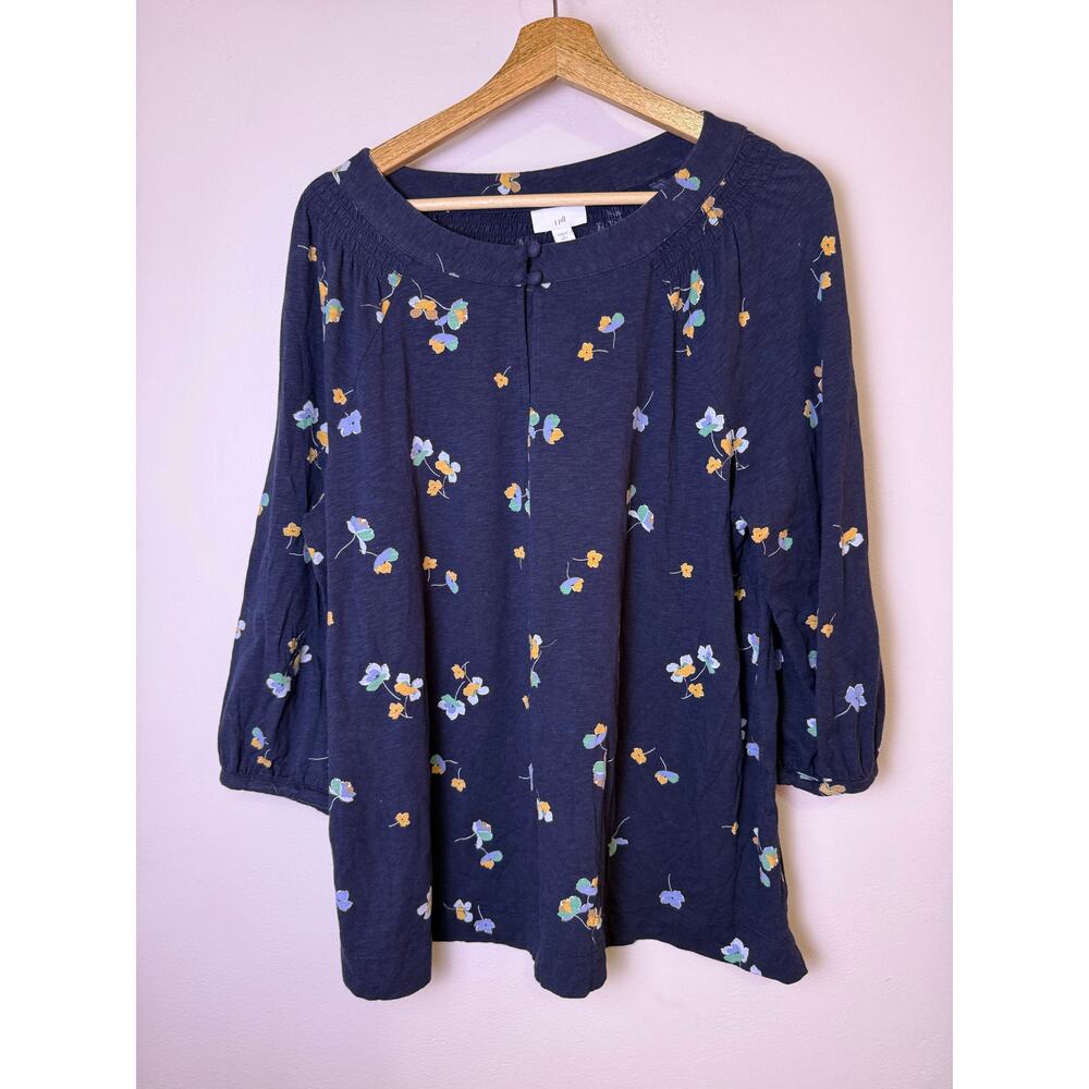 J.Jill Navy Blue Floral 3/4 Sleeve Button Front Blouse Soft Stretch Womens LT